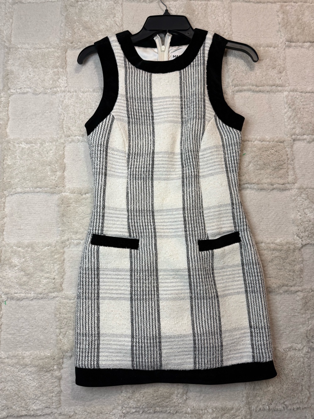 Revolve Maude Club Tweed wool blend Black/White Sheath Dress Zipper Back Size XS